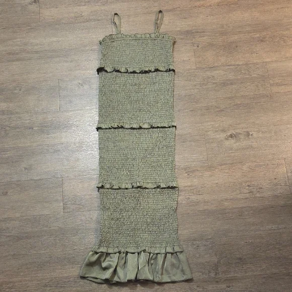 MABLE • Olive Green Smocked Fitted Dress - Picture 2 of 12